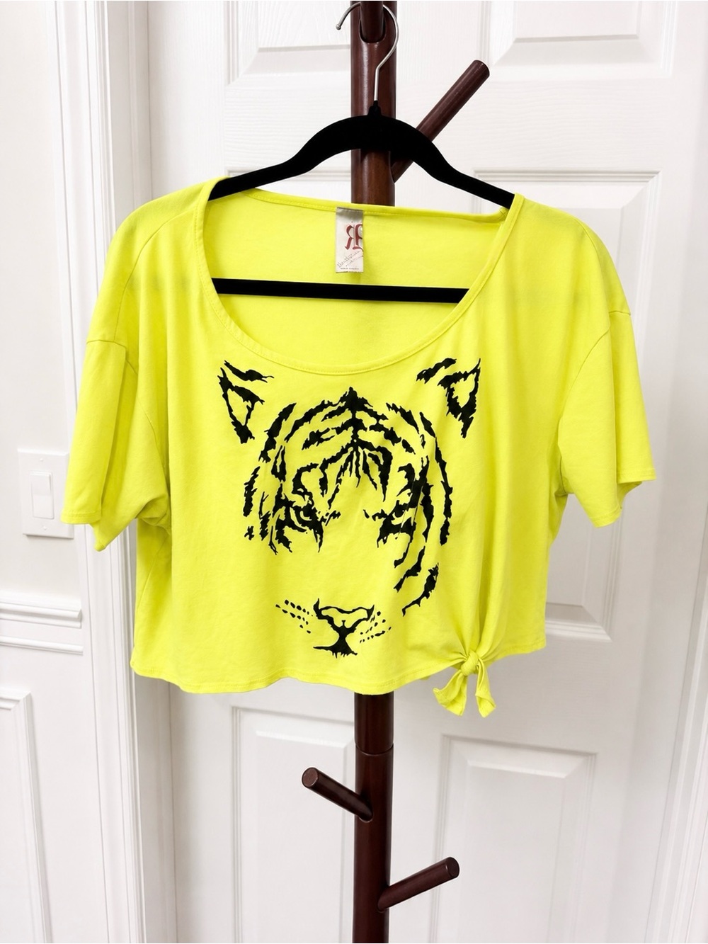 Rose & Rock Proverbs 3:5 Neon Yellow Tiger Print Cropped Tee with Side Tie